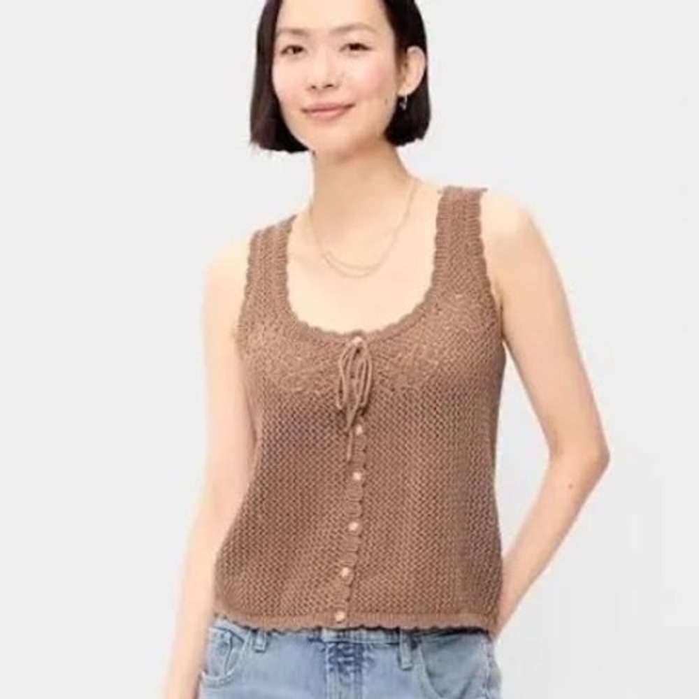 Old Navy Seaside Cotton Crochet Knit Button Front Tank Top Mauve Brown Large